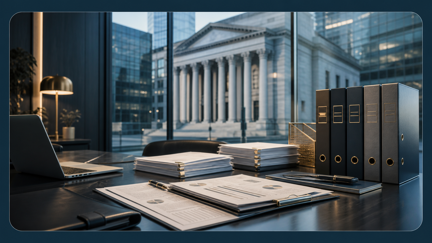Financial services workspace with documents, binders, and institutional banking architecture.